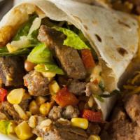 Super Carne Asada Burrito · Marnated carne asada, beans, Spanish rice, onions, cilantro, cheese, sour cream, and salsa w...