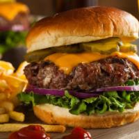 Hamburger · Fresh quarter pound beef patty with lettuce, tomatoes, onions and pickles. Served with custo...