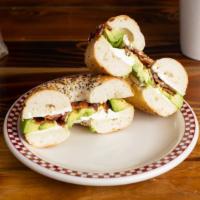 Cream cheese breakfast bagel · Cream cheese, egg, cheese, bacon, avocado