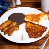 Super breakfast · A slice of adobada meat (pork) 2 sunny side eggs, beans, fried plantains, sour cream, fresh ...