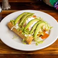 3 tacos dorados · Fried roll tortillas stuffed with chicken, potato, peas, and carrots, topped with lettuce, t...