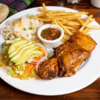 Pollo dorado · 3 pieces of chicken, French fries, chirmol(salsa) 
Choose 2 items from salad, refried beans ...