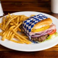 Hawaiian Burger · Meat, ham, pineapple, american Cheese, lettuce, tomato, onions, mayonnaise, ketchup. Come wi...