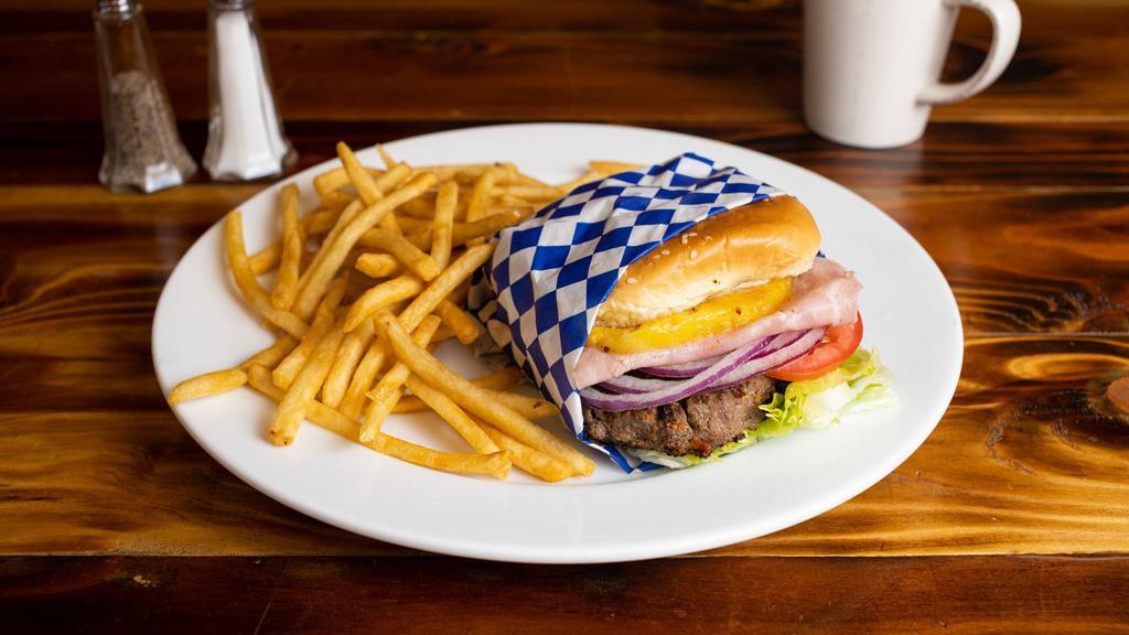 Hawaiian Burger · Meat, ham, pineapple, american Cheese, lettuce, tomato, onions, mayonnaise, ketchup. Come with French fries
