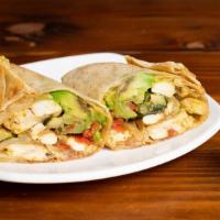 Grilled Chicken avocado wrap · Tortilla, motzarella cheese, chicken, onions, red bell peppers, zucchini, avocado
Comes with...