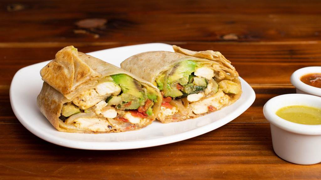 Grilled Chicken avocado wrap · Tortilla, motzarella cheese, chicken, onions, red bell peppers, zucchini, avocado
Comes with 2 Salas on the side