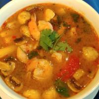Tom Yum Soup (Small) · Authentic Thai hot and sour soup with mushroom, baby corn, lemongrass, kaffir leaves, galang...