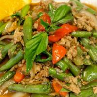 Basil Main Dishes · Sauteed Thai chili, garlic, bell peppers, onions, green beans, and sweet basil.