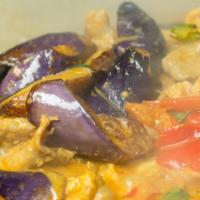 Sizzling Red Curry with Eggplant · Sizzling red curry, eggplant, sweet basil, and bell peppers. Add proteins for an additional ...