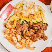 Hibachi Steak & Shrimp · Comes w/ onion soup, salad, shrimp appetizer, hibachi vegetables & vegetable fried rice