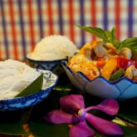 Red Curry Chicken · Coconut milk curry + fresh chicken + Thai eggplants + Thai basil W/ fermented noodles