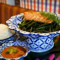 Salmon Steak · Salmon steak + wok-fried spicy string bean W/ jasmine rice