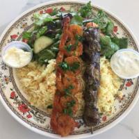 Combo Plate · Choice of any two meats or falafel served with rice pilaf, salad, and tzatziki.
