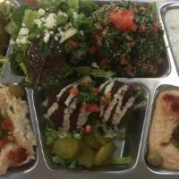 16. Veggie Sampler · Vegetarian. Hummus, baba ghannouj, two falafel, two dolmas, tabouleh salad, Greek salad, and...