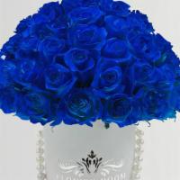 Blue Rose Box with Pearl Ribbon · Blue roses symbolize new beginnings, hope and striving for the infinite. Perfect flower arra...