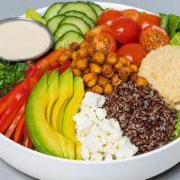 Mediterranean · Mixed greens, red quinoa, cherry tomatoes, cucumber, avocado, red peppers, herbs, hummus, ro...