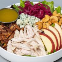 Harvest · Mixed greens, apples, pickled onions, roasted chicken, bacon, blue cheese, cashews, champagn...