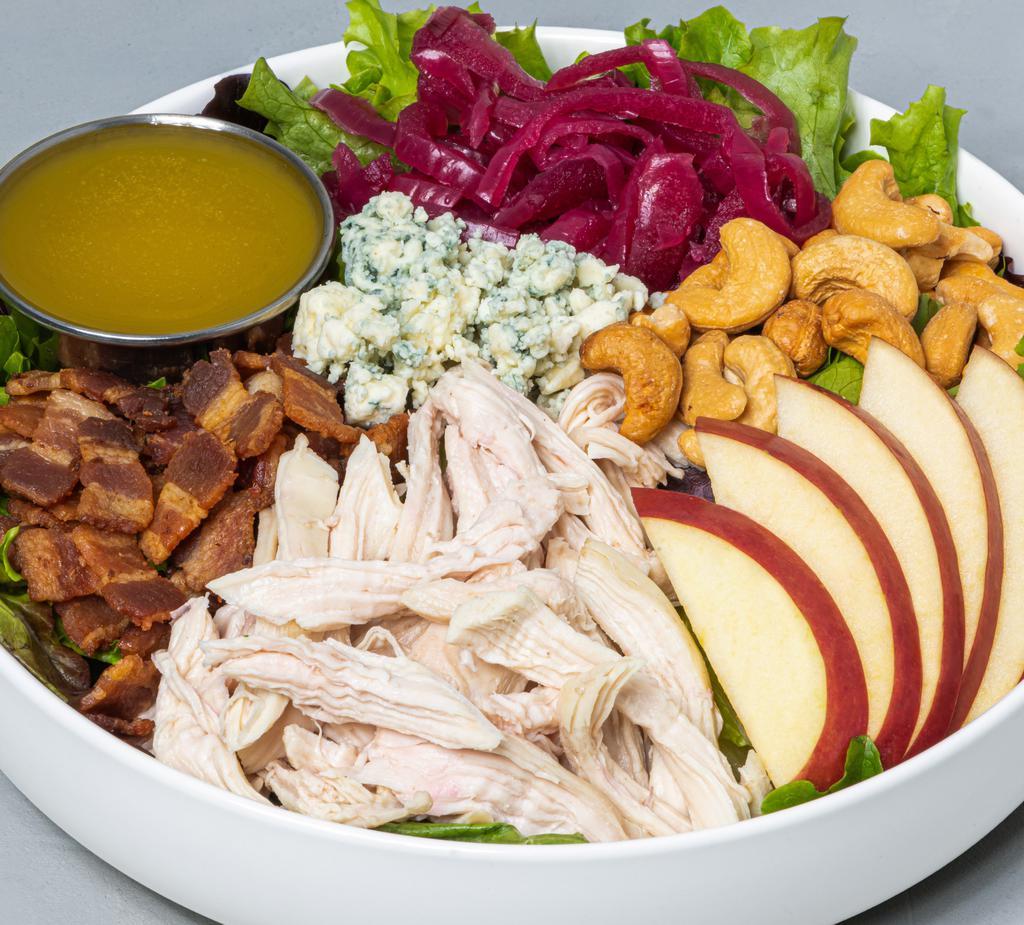 Harvest · Mixed greens, apples, pickled onions, roasted chicken, bacon, blue cheese, cashews, champagne vinaigrette