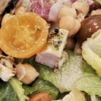 Chopped Salad · grilled chicken, romaine, smoked mozzarella, salami, gaeta olives, ceci beans, tomatoes, she...