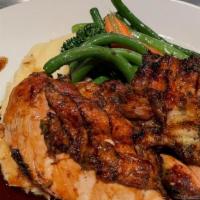 1/2 Chicken · balsamic reduction, Yukon mashed potatoes, assorted vegetables
