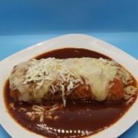 Burrito Mojado · Meat, mexican rice, beans, pico de gallo, sour cream, cheese, home made salsa, choice of sal...