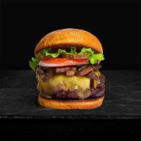 M&C Burger · American beef patty topped with mushrooms, melted cheese, lettuce, tomato, onion, and pickle...
