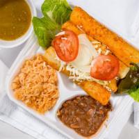 Enchiladas plate · 4 chicken filled rolls in red sauce with rice and beans