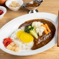 Mixed Vegetables Curry · Mixed vegetables with curry, rice and pickles. Choose either Beef or Vegetarian Roux.