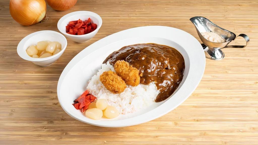 Kaki Fry (Oysters) Curry · Three (3) Japanese oysters from Hiroshima (deep-fried) served with curry, rice, pickles, and tartar sauce