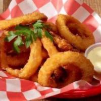 Onion Hoops · Thick-cut sweet onions double-dipped in our Brew Free! or Die IPA beer batter, served with j...