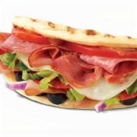 Italian Flatbread · Salami, ham, pepperoni, capicola, provolone, onions, tomatoes,  lettuce, banana peppers red ...