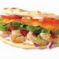 Mesquite Chicken Sammie · Chicken, bacon, cheddar, lettuce, tomatoes, onions, ranch on a flatbread. 410 cal.