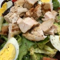 Cobb Salad. · grilled chicken, mixed greens, bacon, tomato, avocado, hard boiled egg, blue cheese crumbles...