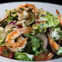 Grilled Prawn Salad. · five grilled prawns, romaine, hearts of palm, cherry tomato, red onions, avocado, cilantro, ...
