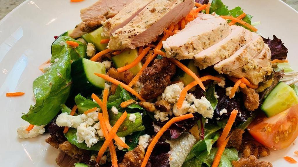 House Salad. · mixed greens, carrots, tomato, cucumber, candied walnuts, blue cheese crumbles, house vinaigrette