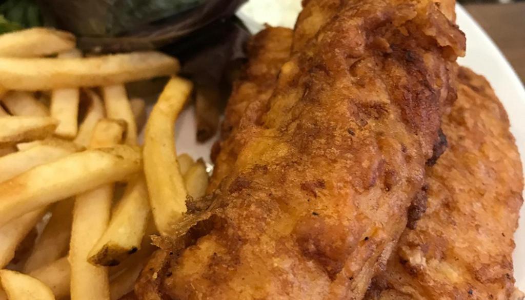 Fish N Chips. · Fresh cod, homemade beer batter, dill-tartar sauce, fries & salad
