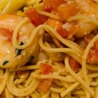 Scampi Prawns. · spaghetti pasta, tomato, white wine, garlic, cream, parsley