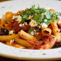 Mediterranean Pasta. · rigatoni, tomato, Kalamata olives, basil, oregano, chili flakes, feta cheese, garlic, xtra v...