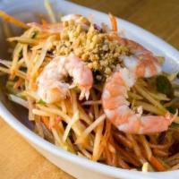 Papaya Salad · Green papaya, poached shrimp and calamari, thai basil, and peanuts