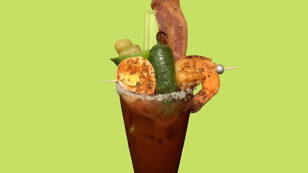 Virgin Mega Bloody Mary · egg with tajin chili-lime seasoning, blackened shrimp, grilled jalepeño, candied bacon, olives, lime, celery, salt.  Just add vodka!  Add 1.5 oz per single, or 7.5 oz for party kits!