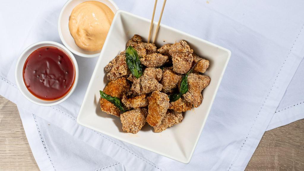 Basil Popcorn Chicken (Gà chiên rau quế) · Spicy. House cut and marinated chicken with 10 spices. Coated and fried in potato flour and basil. Only one type of sauce for free unless selected 