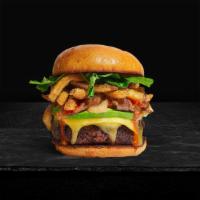 Get Frenched Burger · American beef patty topped with fries, avocado, caramelized onions, ketchup, lettuce, tomato...