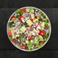 Greek Geek Salad · Romaine lettuce, cucumbers, tomatoes, red onions, olives, and feta cheese tossed with balsam...