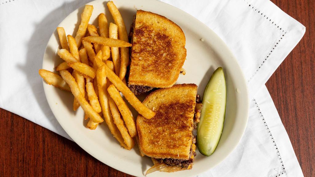 Patty Melt · Burger on grilled rye with American cheese and fried onions.