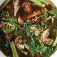 B08. Roasted Duck Noodle Soup · boneless sliced roasted duck and yao choy in Chinese herb duck broth.