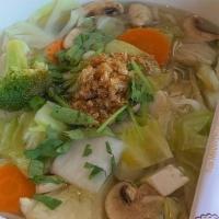 B13. Mixed Vegetable Noodle Soup · mixed vegetable (cabbage, carrot, tofu, mushroom, bean sprout and broccoli) in clear broth.