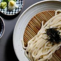 Zaru Udon · Cold soy dipping broth made with fish dashi, green onion, tempura flakes, and daikon oroshi.