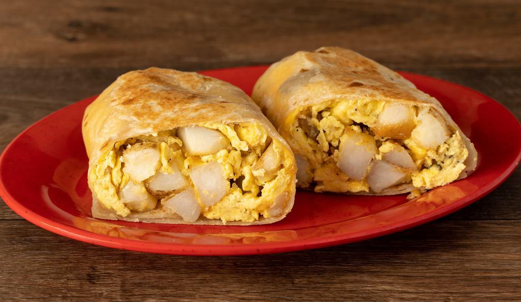 No-Meat Burrito · No-Meat Burrito - Egg, country potatoes and cheese. All burritos include one sauce on the side (Orange, Red or Green)