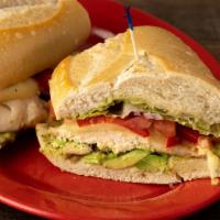Chicken Pesto · Grilled chicken, pesto, mayo, provolone, roasted red pepper, tomato, lettuce & onion on a so...