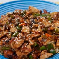 Teriyaki Stir Fry · Chicken or steak, potobella mushrooms blend, sauteed green peppers and onions, carrots, sesa...